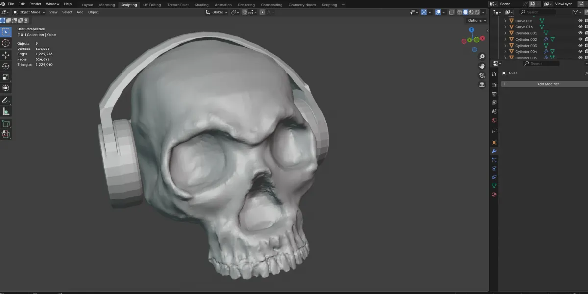 3D Modelled Skull With Headphones In Blender